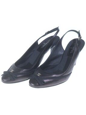 Chanel CC Logo Leather Slingback Sandals Pumps Shoes Black